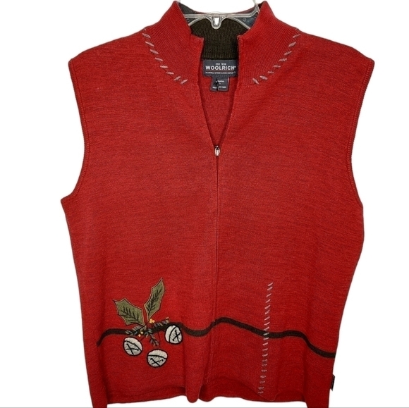 Vintage Woolrich Holiday Christmas Cardigan Sweater Vest Size Large Red Classic - Picture 1 of 12
